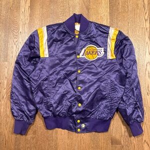 Vintage 90s LA Lakers Satin Bomber Jacket Purple Shain Canada Mens Large